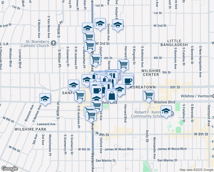 map of restaurants, bars, coffee shops, grocery stores, and more near 3863 West 6th Street in Los Angeles