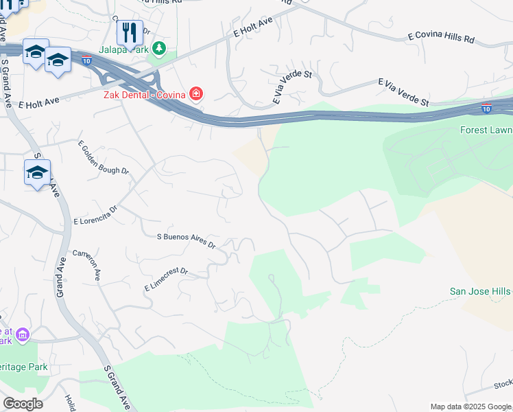 map of restaurants, bars, coffee shops, grocery stores, and more near 2645 Palomino Drive in Covina