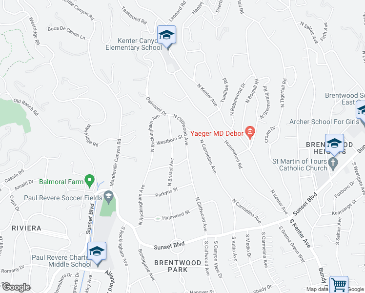 map of restaurants, bars, coffee shops, grocery stores, and more near 435 North Cliffwood Avenue in Los Angeles