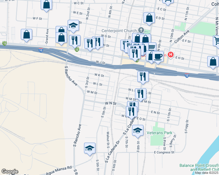 map of restaurants, bars, coffee shops, grocery stores, and more near in Colton