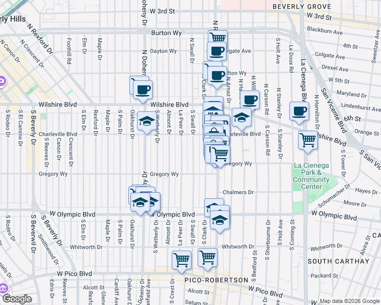 map of restaurants, bars, coffee shops, grocery stores, and more near 241 South Swall Drive in Beverly Hills