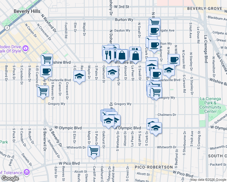 map of restaurants, bars, coffee shops, grocery stores, and more near 241 South Wetherly Drive in Beverly Hills