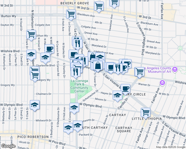 map of restaurants, bars, coffee shops, grocery stores, and more near 218 South Gale Drive in Beverly Hills