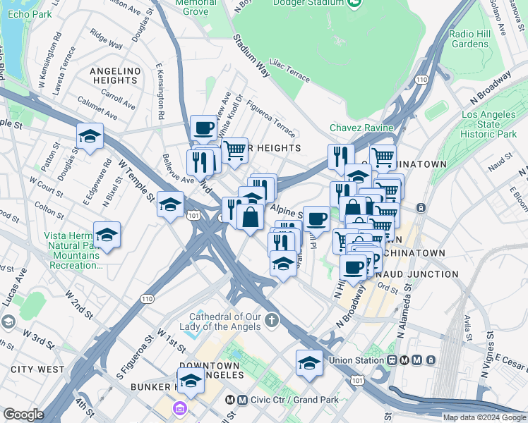 map of restaurants, bars, coffee shops, grocery stores, and more near 712 North Figueroa Street in Los Angeles