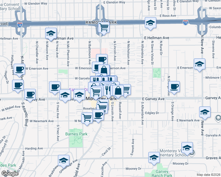 map of restaurants, bars, coffee shops, grocery stores, and more near 124 North Garfield Avenue in Monterey Park