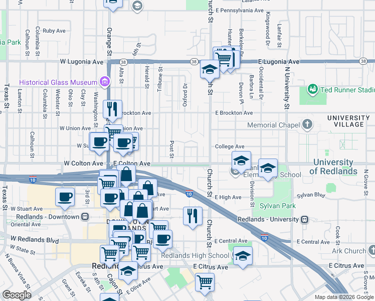 map of restaurants, bars, coffee shops, grocery stores, and more near 818 Oxford Drive in Redlands