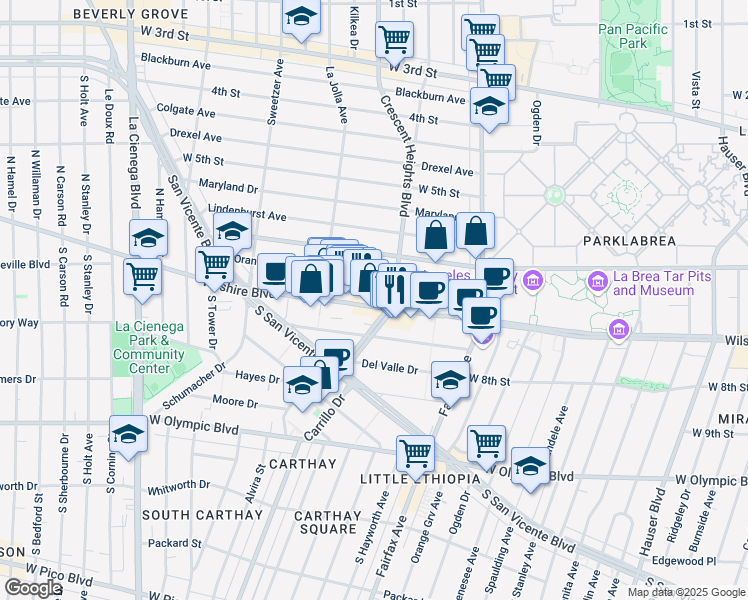 map of restaurants, bars, coffee shops, grocery stores, and more near 6317 Wilshire Boulevard in Los Angeles
