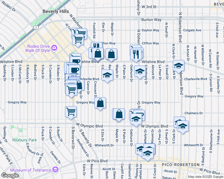 map of restaurants, bars, coffee shops, grocery stores, and more near 242 South Rexford Drive in Beverly Hills