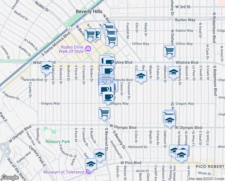 map of restaurants, bars, coffee shops, grocery stores, and more near 235 South Reeves Drive in Beverly Hills