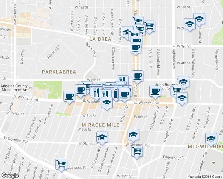 map of restaurants, bars, coffee shops, grocery stores, and more near 639 Cochran Avenue in Los Angeles