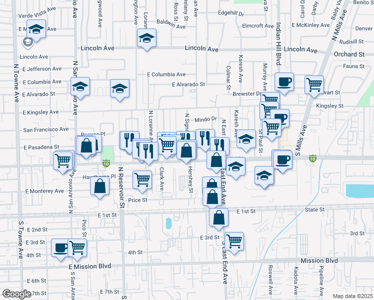map of restaurants, bars, coffee shops, grocery stores, and more near 1160 East Pasadena Street in Pomona