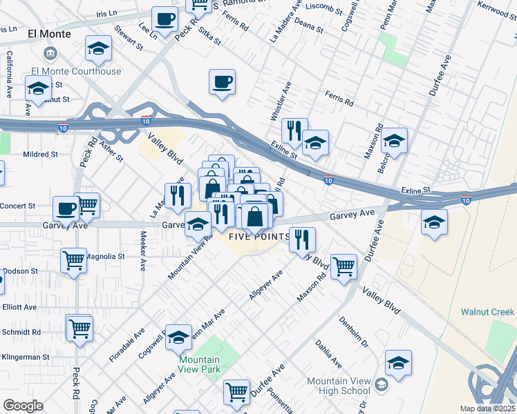 map of restaurants, bars, coffee shops, grocery stores, and more near 11937 Valley Boulevard in El Monte