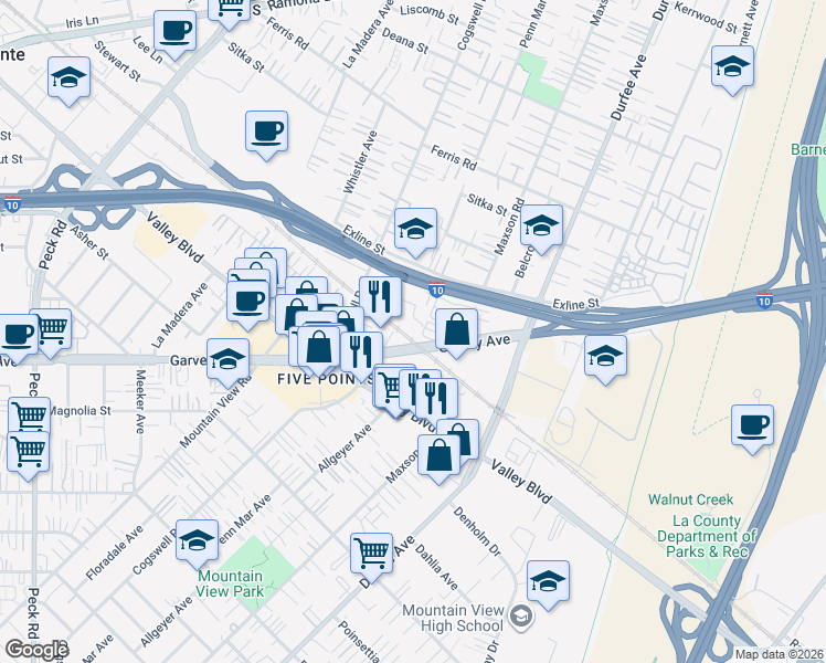 map of restaurants, bars, coffee shops, grocery stores, and more near 12114 1/2 Clora Place in El Monte