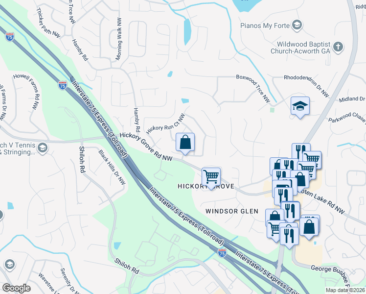 map of restaurants, bars, coffee shops, grocery stores, and more near 4606 Hickory Run Court Northwest in Acworth