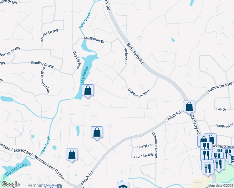 map of restaurants, bars, coffee shops, grocery stores, and more near 658 Wolfs Bane Drive in Acworth