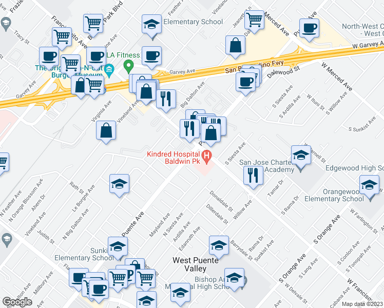 map of restaurants, bars, coffee shops, grocery stores, and more near 1494 Puente Avenue in Baldwin Park