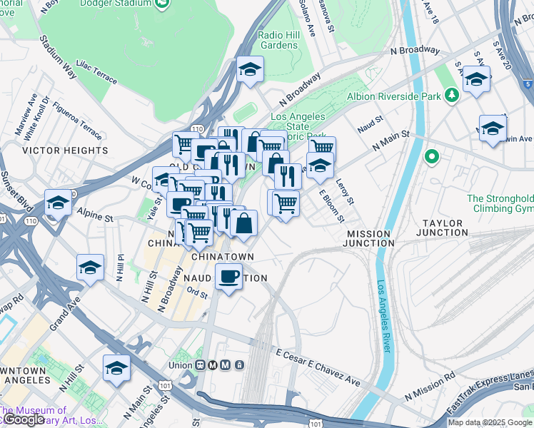 map of restaurants, bars, coffee shops, grocery stores, and more near 1101 North Main Street in Los Angeles