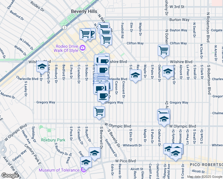 map of restaurants, bars, coffee shops, grocery stores, and more near 232 South Reeves Drive in Beverly Hills