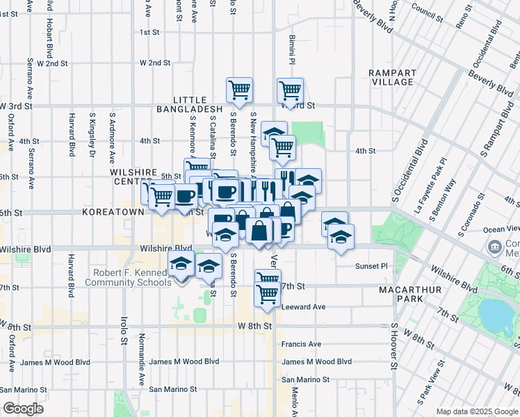 map of restaurants, bars, coffee shops, grocery stores, and more near 602 South New Hampshire Avenue in Los Angeles