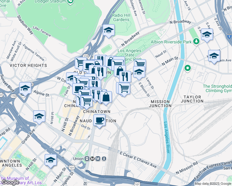 map of restaurants, bars, coffee shops, grocery stores, and more near 1101 North Main Street in Los Angeles