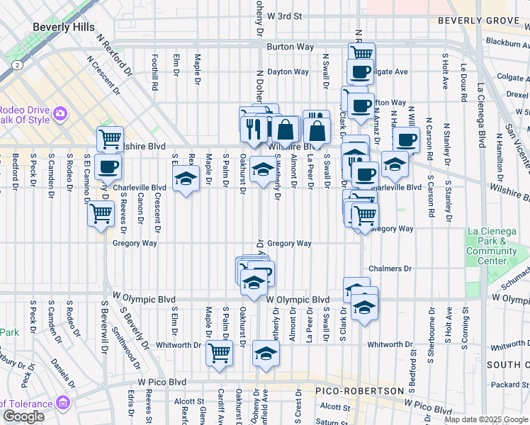 map of restaurants, bars, coffee shops, grocery stores, and more near 232 South Doheny Drive in Beverly Hills