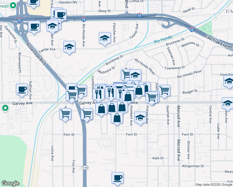 map of restaurants, bars, coffee shops, grocery stores, and more near 9630 Cortada Street in El Monte