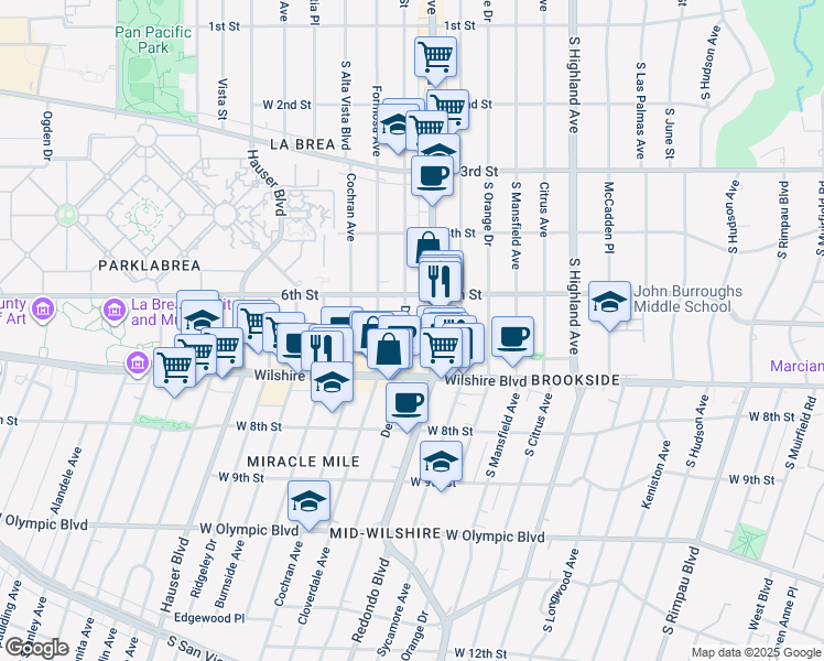 map of restaurants, bars, coffee shops, grocery stores, and more near 640 South Detroit Street in Los Angeles