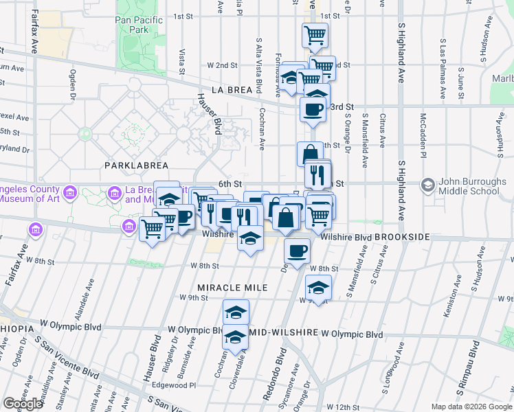 map of restaurants, bars, coffee shops, grocery stores, and more near 650 South Cochran Avenue in Los Angeles