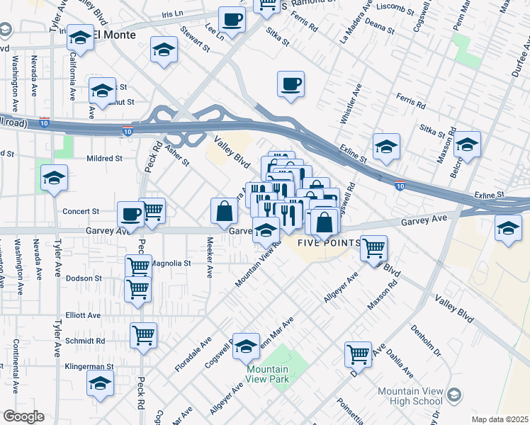 map of restaurants, bars, coffee shops, grocery stores, and more near 11725 Garvey Avenue in El Monte