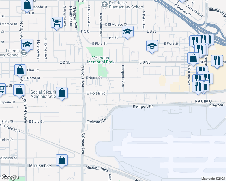 map of restaurants, bars, coffee shops, grocery stores, and more near 1373 East Holt Boulevard in Ontario