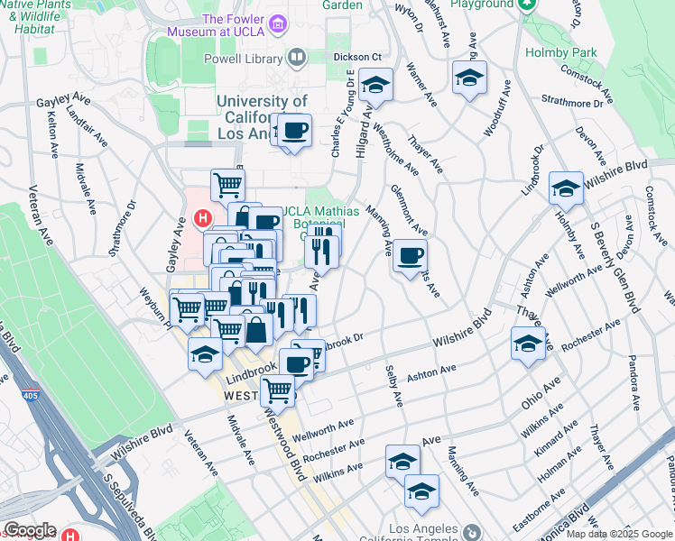 map of restaurants, bars, coffee shops, grocery stores, and more near 901 Malcolm Avenue in Los Angeles