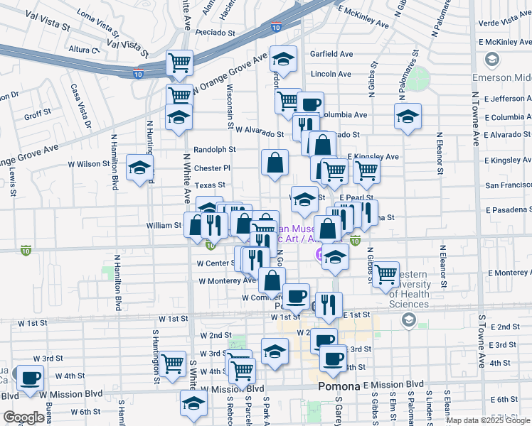 map of restaurants, bars, coffee shops, grocery stores, and more near 606 North Park Avenue in Pomona