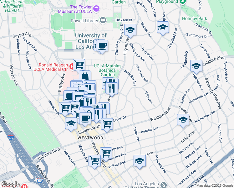 map of restaurants, bars, coffee shops, grocery stores, and more near 901 Malcolm Avenue in Los Angeles
