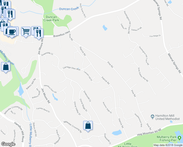 map of restaurants, bars, coffee shops, grocery stores, and more near 1910 Carriage Brook Court in Dacula
