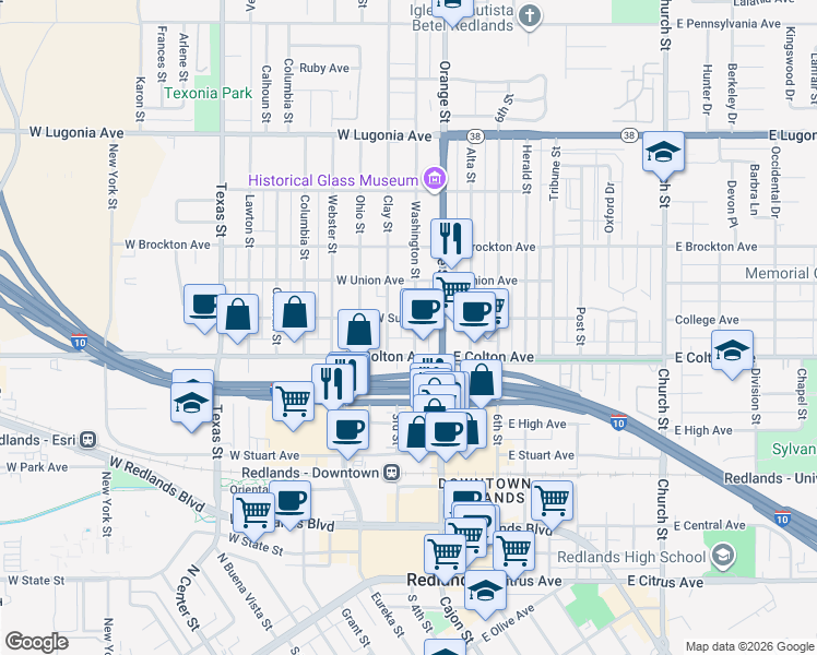 map of restaurants, bars, coffee shops, grocery stores, and more near 831 Washington Street in Redlands
