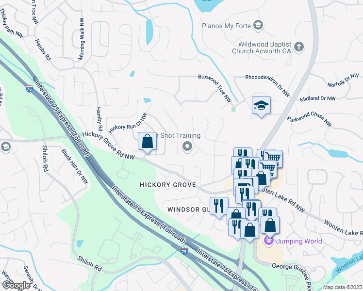 map of restaurants, bars, coffee shops, grocery stores, and more near 4508 High Grove Court Northwest in Acworth