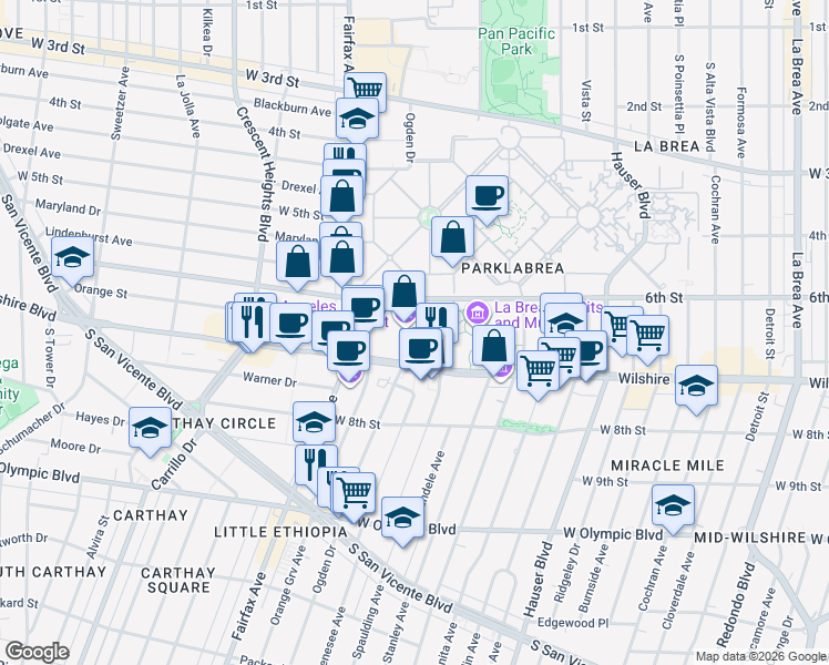 map of restaurants, bars, coffee shops, grocery stores, and more near 5905 Wilshire Boulevard in Los Angeles