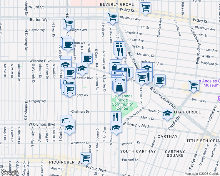 map of restaurants, bars, coffee shops, grocery stores, and more near 217 Le Doux Road in Beverly Hills