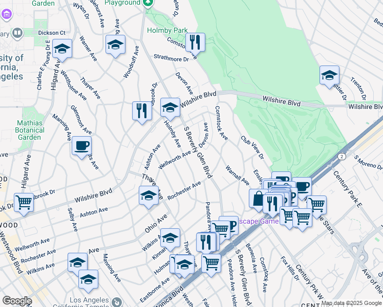 map of restaurants, bars, coffee shops, grocery stores, and more near 1301 South Beverly Glen Boulevard in Los Angeles
