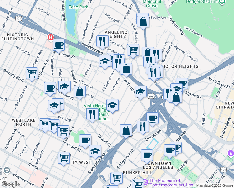 map of restaurants, bars, coffee shops, grocery stores, and more near 317 North Boylston Street in Los Angeles