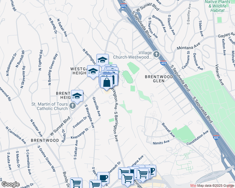 map of restaurants, bars, coffee shops, grocery stores, and more near 200 South Barrington Avenue in Los Angeles