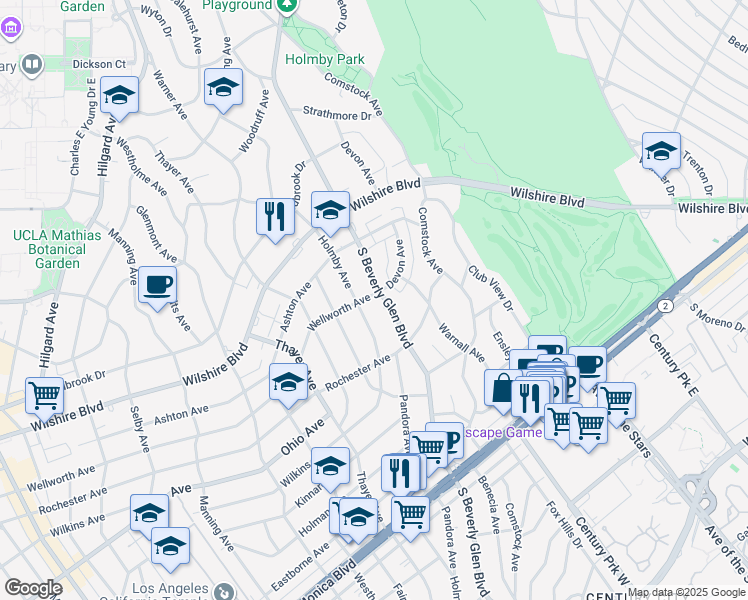map of restaurants, bars, coffee shops, grocery stores, and more near 1301 South Beverly Glen Boulevard in Los Angeles