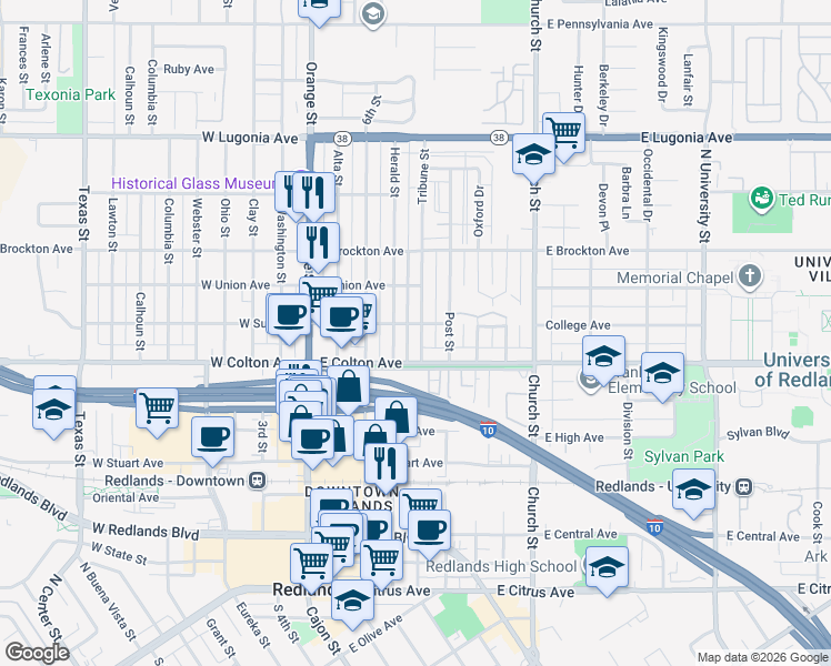 map of restaurants, bars, coffee shops, grocery stores, and more near 831 Tribune Street in Redlands