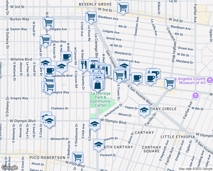 map of restaurants, bars, coffee shops, grocery stores, and more near 212 South Hamilton Drive in Beverly Hills