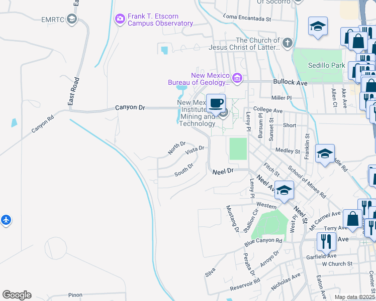 map of restaurants, bars, coffee shops, grocery stores, and more near 1211 Vista Drive in Socorro