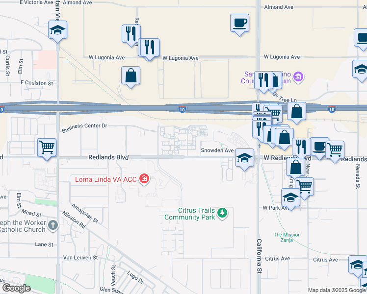 map of restaurants, bars, coffee shops, grocery stores, and more near 26210 Redlands Boulevard in Redlands