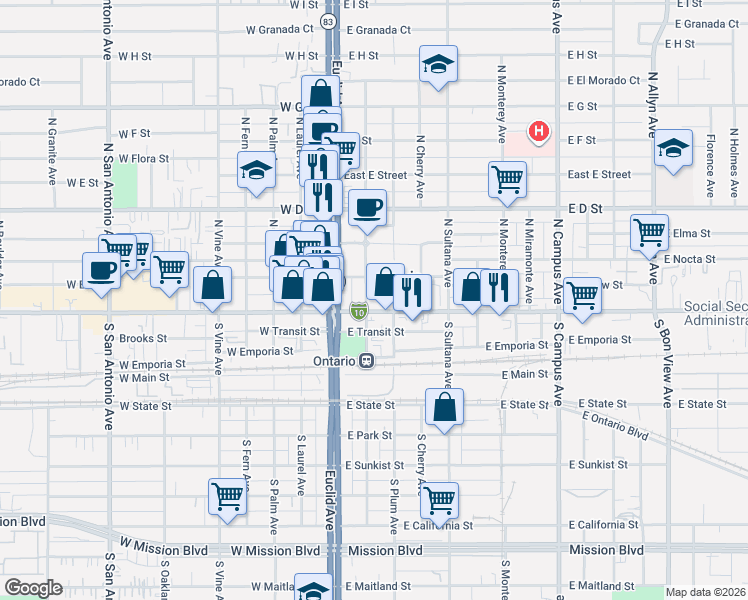map of restaurants, bars, coffee shops, grocery stores, and more near 127 East Holt Boulevard in Ontario