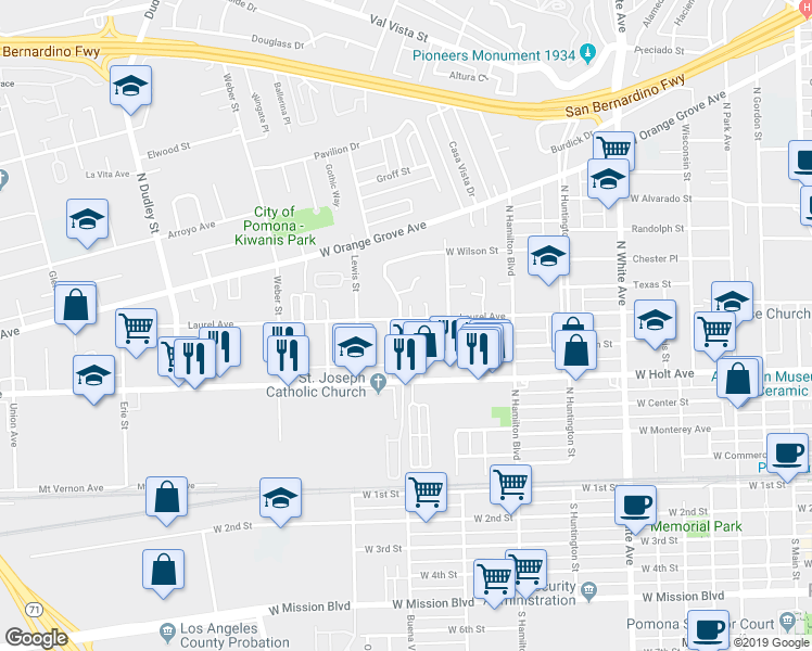 map of restaurants, bars, coffee shops, grocery stores, and more near 630 North Currier Street in Pomona