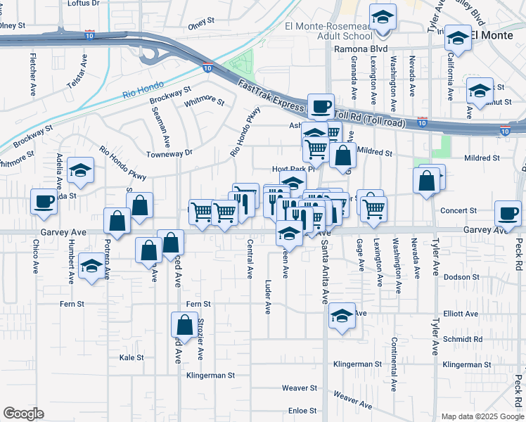 map of restaurants, bars, coffee shops, grocery stores, and more near 10327 Garvey Avenue in El Monte