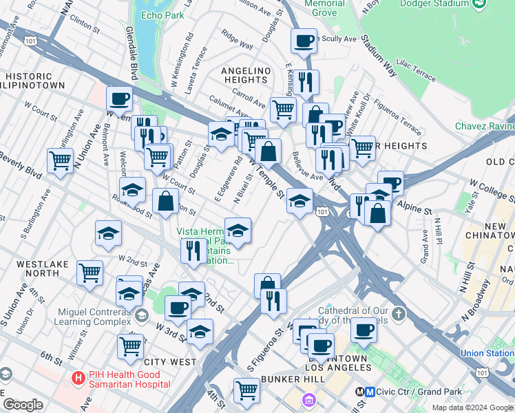 map of restaurants, bars, coffee shops, grocery stores, and more near 317 North Boylston Street in Los Angeles